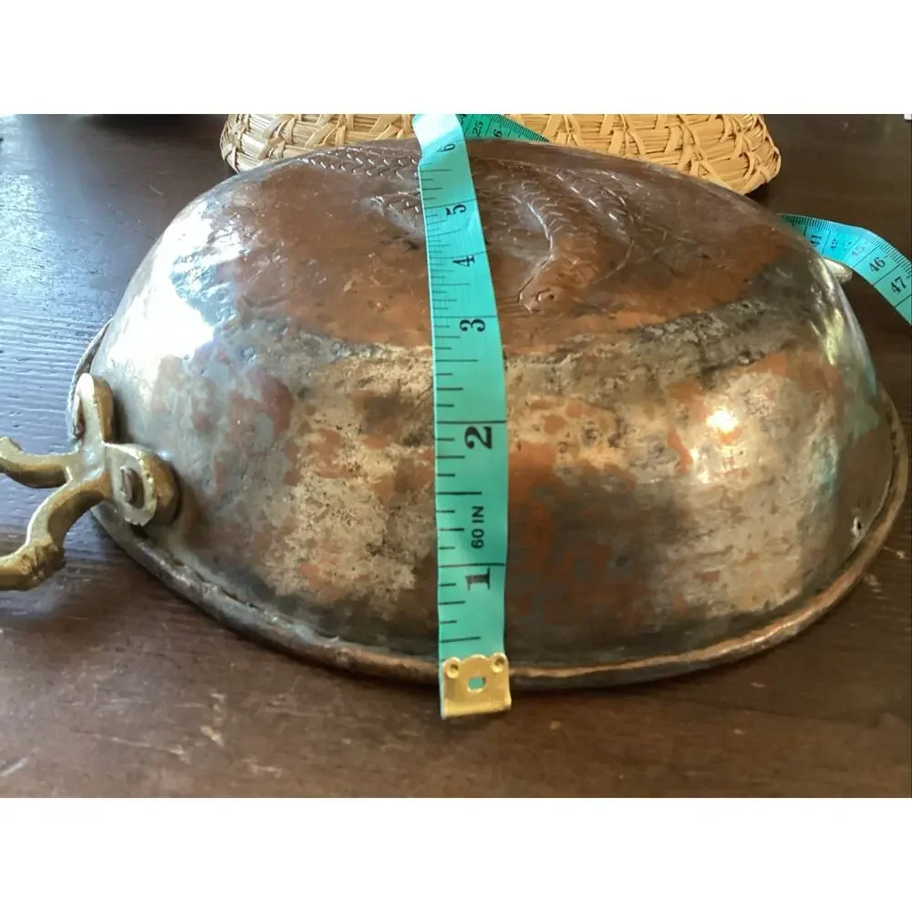 Antique hammered Tinned Copper brass handle primitive Bird Pan 9x 2